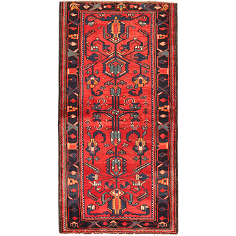 Saveh Persian Rug 6x3 ft - Semi Antique Herati (Mahi), Geometric Madder Red, Navy Blue, Cream Hand Knotted | front view | SKU 111604