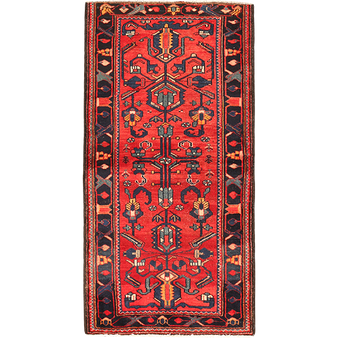 Saveh Persian Rug 6'7" x 3'3" - Semi Antique Medallion Red, Brown Hand Knotted | front view | SKU 111604