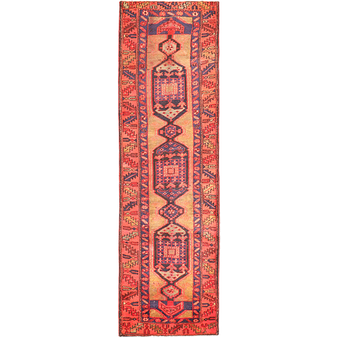 Meshkin Persian Rug 11'11" x 3'5" - Semi Antique Geometric Crimson, Green Hand Knotted | front view | SKU 111606