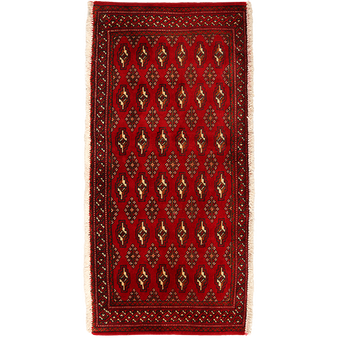 Turkmen Persian Rug 4x1 ft - Semi Antique Geometric Crimson, Navy Blue Hand Knotted | front view | SKU 111607
