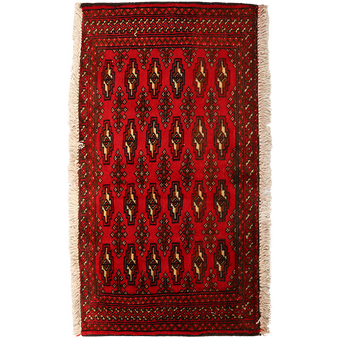 Turkmen Persian Rug 3'3" x 1'8" - Semi Antique Geometric Crimson, Navy Blue Hand Knotted | front view | SKU 111609