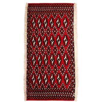 Turkmen Persian Rug 3'5" x 1'7" - Semi Antique Geometric Crimson, Navy Blue Hand Knotted | front view | SKU 111610