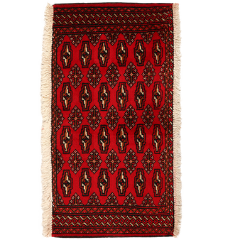 Turkmen Persian Rug 3x1 ft - Semi Antique Geometric, Turkmen Gul Crimson, Dark Red, Black Hand Knotted | front view | SKU 111611