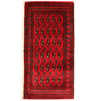 Turkmen Persian Rug 3x1 ft - Semi Antique Geometric, Turkmen Gul Crimson, Dark Red, Navy Blue Hand Knotted | front view | SKU 111612
