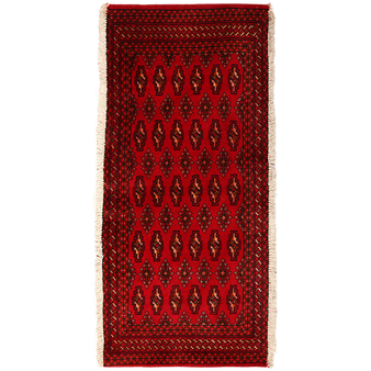 Turkmen Persian Rug 4x1 ft - Semi Antique Geometric, Turkmen Gul Madder Red, Burgundy, Black Hand Knotted | front view | SKU 111613