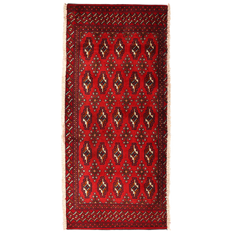 Turkmen Persian Rug 4'5" x 1'10" - Semi Antique Geometric Crimson, Navy Blue Hand Knotted | front view | SKU 111614