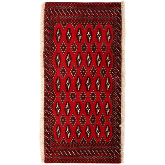 Turkmen Persian Rug 4'4" x 1'11" - Semi Antique Geometric Crimson, Navy Blue Hand Knotted | front view | SKU 111615