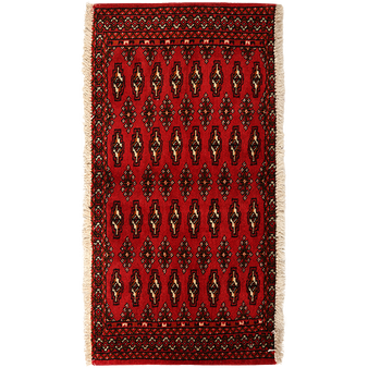 Turkmen Persian Rug 3x1 ft - Semi Antique Geometric, Turkmen Gul Madder Red, Dark Red, Navy Blue Hand Knotted | front view | SKU 111616