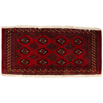 Turkmen Persian Rug 3x1 ft - Semi Antique Geometric, Turkmen Gul Crimson, Dark Red, Navy Blue Hand Knotted | front view | SKU 111617