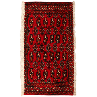 Turkmen Persian Rug 3'1" x 1'8" - Semi Antique Geometric Crimson, Navy Blue Hand Knotted | front view | SKU 111618