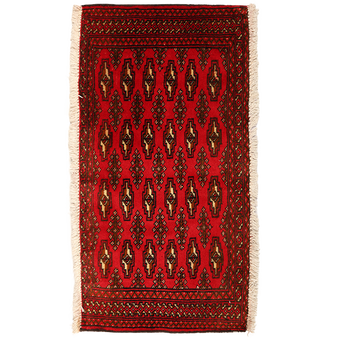 Turkmen Persian Rug 3x1 ft - Semi Antique Geometric, Turkmen Gul Crimson, Dark Red, Burgundy Hand Knotted | front view | SKU 111620