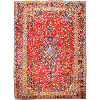 Kashan Persian Rug 13x9 ft - Semi Antique Medallion (Toranj), Shah Abbasi Crimson, Navy Blue, Cream Hand Knotted | front view | SKU 111622