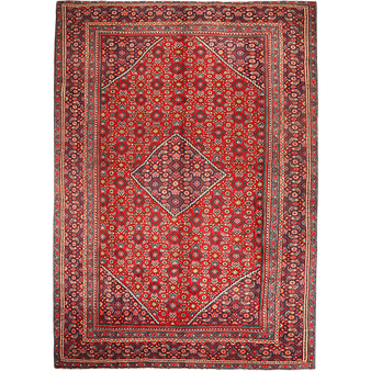 Mahal Persian Rug 12x8 ft - Semi Antique Medallion Ivory, Pink Hand Knotted | front view | SKU 111624