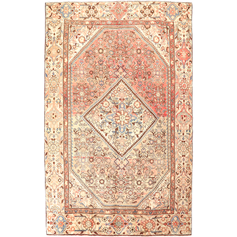 Borchelu Persian Rug 10'3" x 6'7" - Semi Antique Medallion Camel, Blue Hand Knotted | front view | SKU 111625