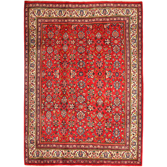 Mahal Persian Rug 9'8" x 6'11" - Semi Antique Medallion Ivory, Pink Hand Knotted | front view | SKU 111626