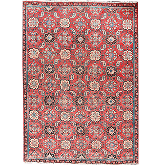 Mahal Persian Rug 9x6 ft - Semi Antique Herati (Mahi), Afshan (All-Over) Madder Red, Ivory, Navy Blue Hand Knotted | front view | SKU 111628