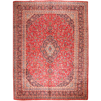 Kashan Persian Rug 12'6" x 9'1" - Semi Antique Medallion Crimson, Navy Blue Hand Knotted | front view | SKU 111630