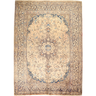 Sabzevar Persian Rug 11x8 ft - Semi Antique Medallion Crimson, Beige Hand Knotted | front view | SKU 111631