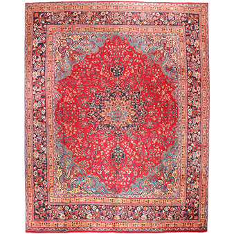 Sabzevar Persian Rug 12'6" x 9'8" - Semi Antique Medallion Crimson, Beige Hand Knotted | front view | SKU 111633