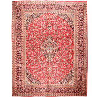 Mashad Persian Rug 12'8" x 9'7" - Semi Antique Medallion Crimson, Ultramarine Hand Knotted | front view | SKU 111637