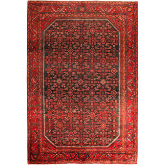 Vist Persian Rug 10x7 ft - Semi Antique Herati (Mahi), Geometric Madder Red, Dark Red, Burgundy Hand Knotted | front view | SKU 111638