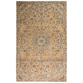 Najafabad Persian Rug 9x6 ft - Semi Antique Medallion (Toranj), Shah Abbasi Camel, Navy Blue, Cream Hand Knotted | front view | SKU 111640