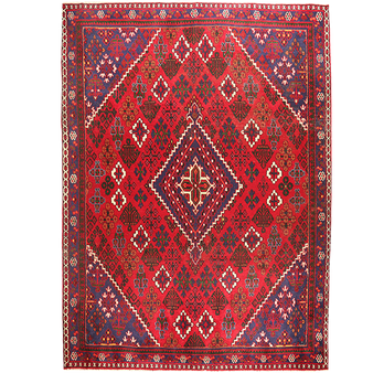 Josheghan Persian Rug 10x7 ft - Semi Antique Geometric Crimson, Navy Blue Hand Knotted | front view | SKU 111642