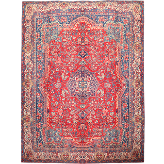 Mahal Persian Rug 13x9 ft - Semi Antique Medallion Toranj, Herati Mahi Madder Red, Navy Blue, Ivory Hand Knotted | front view | SKU 111643