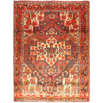 Bakhtiari Persian Rug 7'1" x 5'5" - Semi Antique Medallion Blue, Crimson Hand Knotted | front view | SKU 111644