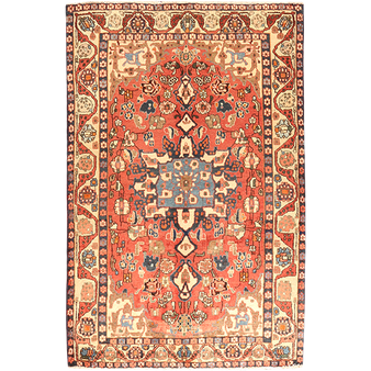 Isfahan Persian Rug 6x4 ft - Semi Antique Medallion Crimson, Cream Hand Knotted | front view | SKU 111646