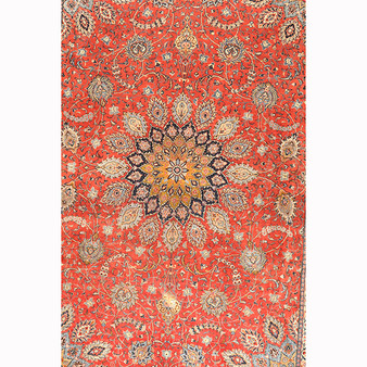 Sarouk Persian Rug 13x9 ft - Semi Antique Medallion (Toranj), Shah Abbasi Madder Red, Beige, Cream Hand Knotted | front view | SKU 111651