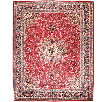 Nain Persian Rug 12x9 ft - Semi Antique Medallion (Toranj), Shah Abbasi Crimson, Cream, Navy Blue Hand Knotted | front view | SKU 111652