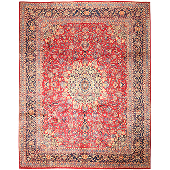 Kashmar Persian Rug 12'10" x 9'10" - Semi Antique Afshan Crimson, Ivory Hand Knotted | front view | SKU 111653