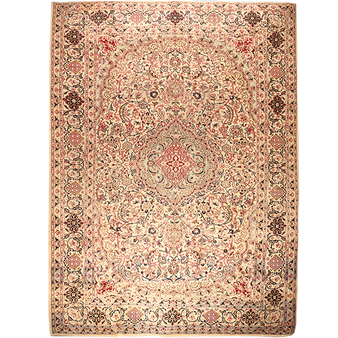 Tabas Persian Rug 12x9 ft - Semi Antique Medallion (Toranj), Shah Abbasi Cream, Ivory, Madder Red Hand Knotted | front view | SKU 111655