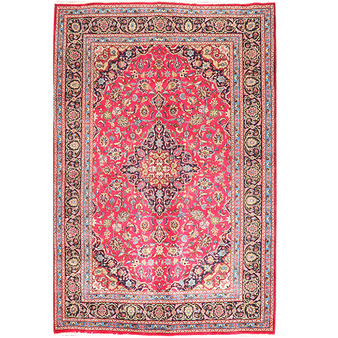 Kashmar Persian Rug 9'10" x 6'4" - Semi Antique Afshan Crimson, Ivory Hand Knotted | front view | SKU 111661