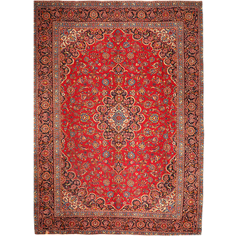 Kashan Persian Rug 13x9 ft - Semi Antique Shah Abbasi, Medallion (Toranj) Crimson, Navy Blue, Cream Hand Knotted | front view | SKU 111663