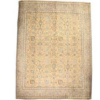 Tabriz Persian Rug 12x9 ft - Semi Antique Afshan (All-Over), Shah Abbasi Cream, Camel, Taupe Hand Knotted | front view | SKU 111665