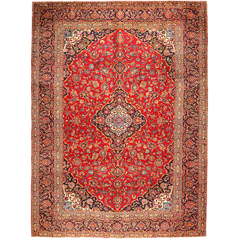 Kashan Persian Rug 11'8" x 8'2" - Semi Antique Medallion Crimson, Navy Blue Hand Knotted | front view | SKU 111668