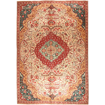 Tabriz Persian Rug 10x7 ft - Semi Antique Medallion Red, Cream Hand Knotted | front view | SKU 111671