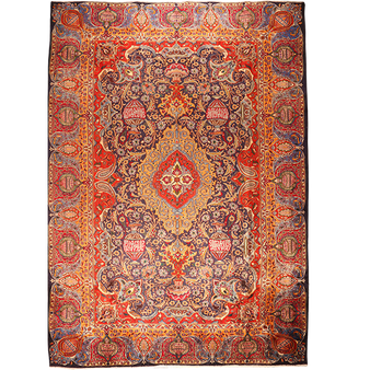 Kashmar Persian Rug 12x9 ft - Semi Antique Afshan Crimson, Ivory Hand Knotted | front view | SKU 111672