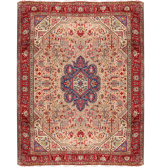 Tabriz Persian Rug 12x9 ft - Semi Antique Medallion (Toranj), Shah Abbasi Cream, Madder Red, Navy Blue Hand Knotted | front view | SKU 111673
