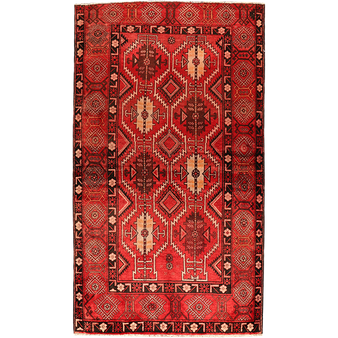 Quchan Persian Rug 9x5 ft - Semi Antique Geometric, Turkmen Gul Madder Red, Brick Red, Cream Hand Knotted | front view | SKU 111674