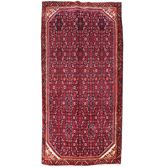 Hamadan Persian Rug 10'2" x 5'1" - Semi Antique Afshan Red, Blue Hand Knotted | front view | SKU 111675