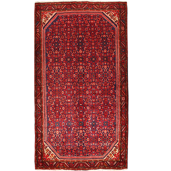 Hamadan Persian Rug 10x5 ft - Semi Antique Herati (Mahi), Afshan (All-Over) Madder Red, Dark Red, Navy Blue Hand Knotted | front view | SKU 111676