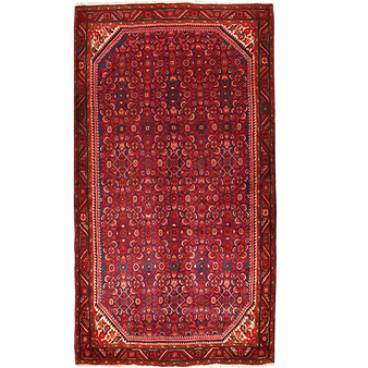 Hamadan Persian Rug 10'0" x 5'7" - Semi Antique Afshan Red, Blue Hand Knotted | front view | SKU 111676