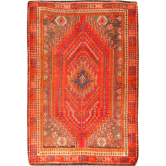 Shiraz Persian Rug 8x5 ft - Semi Antique Medallion (Toranj), Geometric Red, Madder Red, Brick Red Hand Knotted | front view | SKU 111677