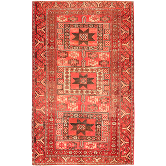 Quchan Persian Rug 8x5 ft - Semi Antique Medallion Red, Blue Hand Knotted | front view | SKU 111678