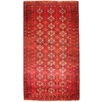 Baluch Persian Rug 9x5 ft - Semi Antique Mihrab Red, Blue Hand Knotted | front view | SKU 111679