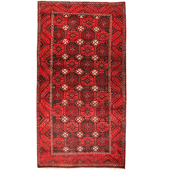 Ferdos Persian Rug 9x4 ft - Semi Antique Geometric Red, Beige Hand Knotted | front view | SKU 111680