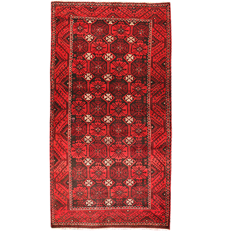 Ferdows Persian Rug 9x4 ft - Semi Antique Geometric, Turkmen Gul Dark Red, Crimson, Burgundy Hand Knotted | front view | SKU 111680